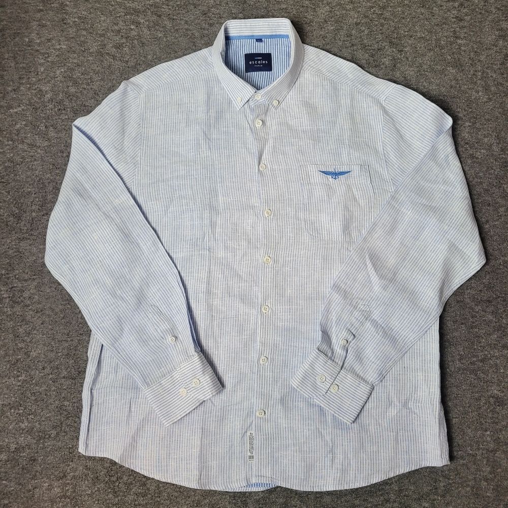 Escales Paris Limited Edition Linen Shirt Mens Size XL  Button Up Blue Striped